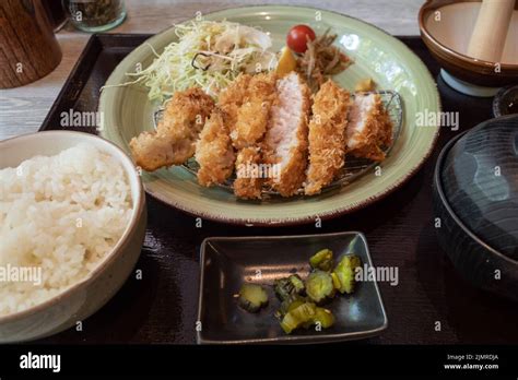 Top View Of Set Menu Tonkatsu Deep Fried Pork With Rice Soup And