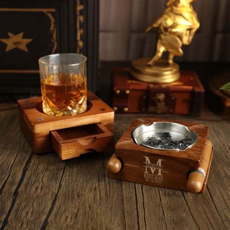 Custom Whiskey And Cigar Tray Glass Holder 2 In 1 Wooden Cigar Ashtray With Whiskey Glass Holder