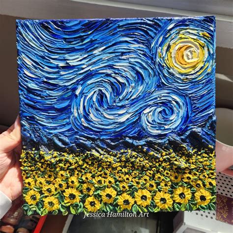 Starry Sunflower Field Blue Sky Original Oil Painting 3D Textured