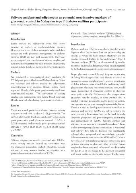 Pdf Salivary Amylase And Adiponectin As Potential Non Invasive