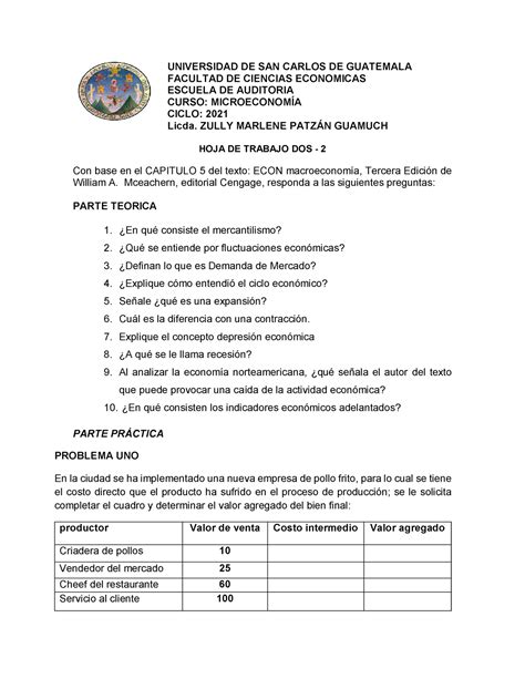 Hojas De Trabajo 2 Para Microeconomia En La Universidad De San Carlos