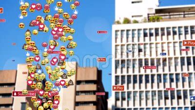 Animation Of Falling Social Media Icons And Emojis Over Cityscape Stock