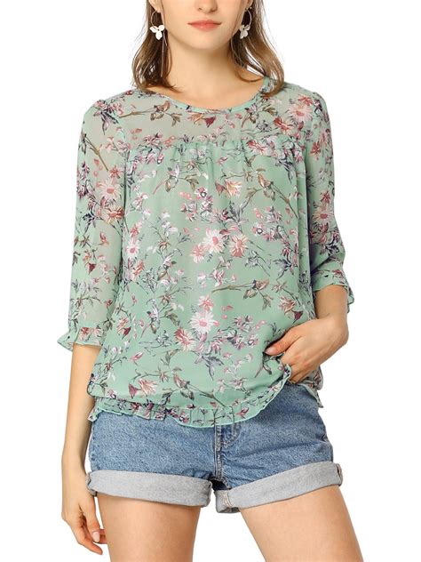 Allegra K Allegra K Womens Floral Print Chiffon Ruffle 34 Sleeve Flowy Blouse