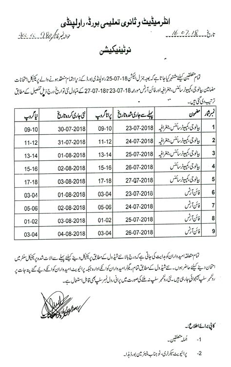 Bise Rawalpindi Board Date Sheet Matric Part Ssc Th