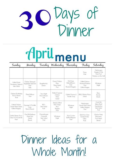 Family dinner menu calendar printable - raplopez