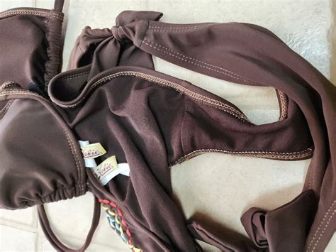 Hobie Bikini Set Swimsuit Medium Brown Embroidered He Gem