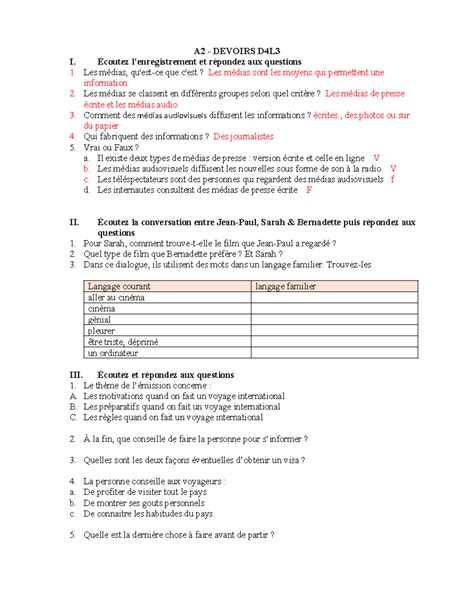 Devoirs D4L3 CDDWD A2 DEVOIRS D4L I Écoutez lenregistrement et