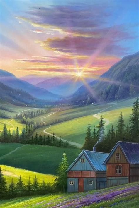 Sunset over Farm with Mountains Painting