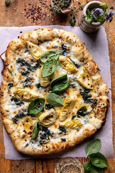 Spinach And Artichoke Pizza With Cheesy Bread Crust Half Baked Harvest