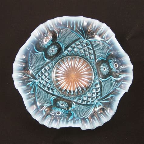 Antique Dugan Blue Opalescent Glass Scheherazade Bowl Carnival Glass