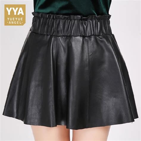 New Genuine Leather Slim A Line Skirts Women Black Elastic Waist Soft