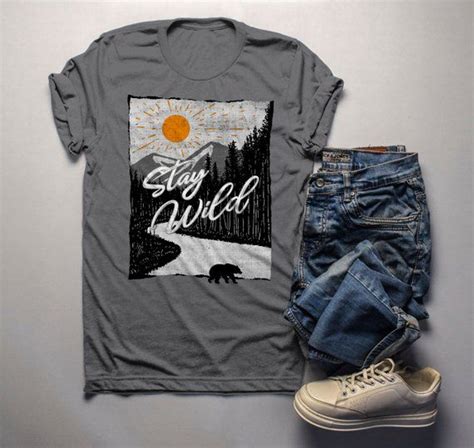 Mens Stay Wild T Shirt Hand Drawn Nature Shirts Bear Woods Hipster