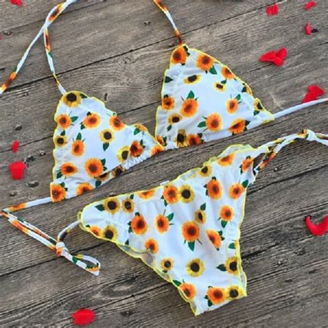 Bikini Swimsuit Sunflowers Pattern Cupless Waist Sexy Swimming Suits