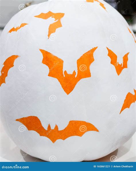 Halloween Pumpkin Painted White with Orange Bats on it. Halloween ...