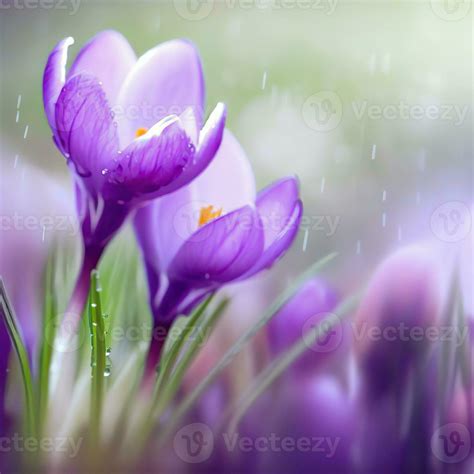 Purple Flowers In The Rain Saffron Flower In A Rainy Season Ai