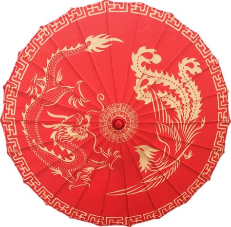 Bestage 33 Handmade Oiled Parasol Bamboo Silk Red Dragon Phoenix Umbrella Chinese