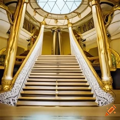 Liminal Art Nouveau Mall Interior With White Staircase And Golden