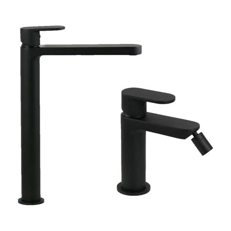 Conjunto de mezcladores altos de lavabo y bidé en negro mate Ercos