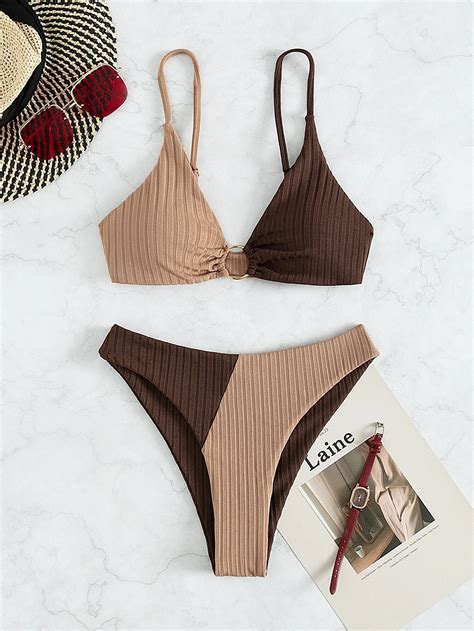 SHEIN Swim Summer Beach Colorblock Ribbed Bikini Set Ring Linked Cami