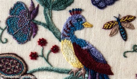 Cross Section Of Crewel Bird Stitched By Jenny Balderson Embroiderers