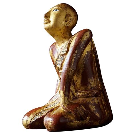 Th Century Burmese Kneeling Buddhist Monk Gilded Wood Temple Figure