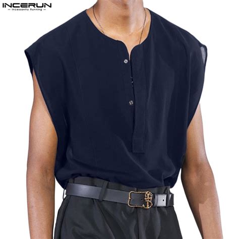 Incerun Camisa Masculina Confort Vel Sem Manga Es Em Cor Lisa