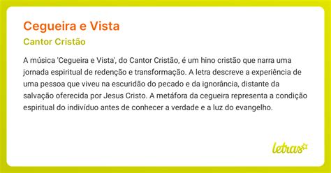 Cegueira E Vista Letra - Significado da música CEGUEIRA E VISTA (Cantor Cristão) - LETRAS.MUS.BR