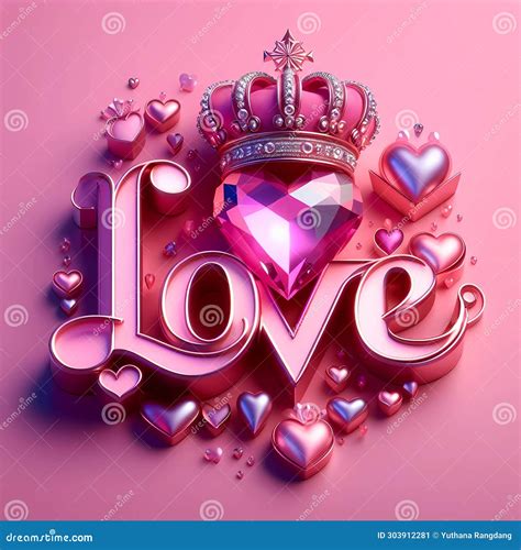 Love Text In Elegant Pink Typography With A Metallic Pink Heart With