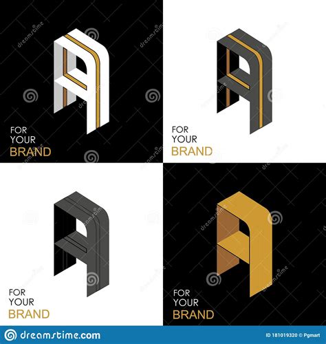 Isometric Set Letter A Black White Gold Palette From Stripes Lines