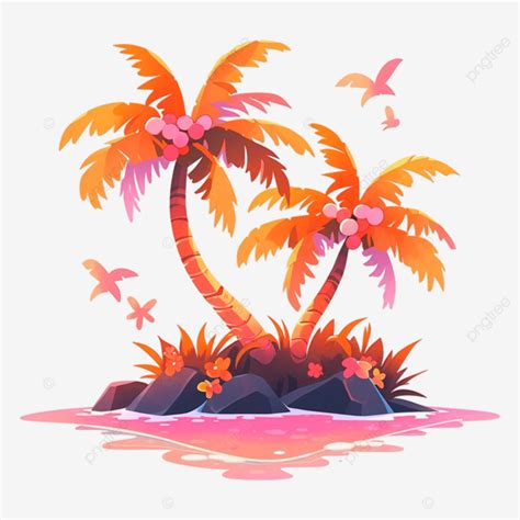 Coconut Tree Beach Dusk Orange Illustration Coconut Tree Beach Dusk