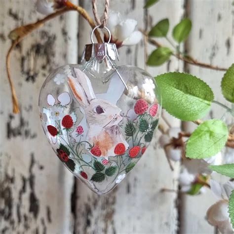 Clear Glass Strawberry And Bunny Easter Heart Hanging Ornament By Gisela Graham Scandinavian