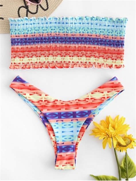 Colorful Smocked Bandeau Bikini Set MULTI A S Bikinis Bandeau