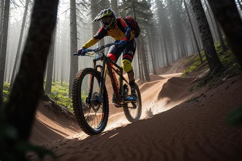 Premium AI Image | A mountain biker rides through a forest with trees ...