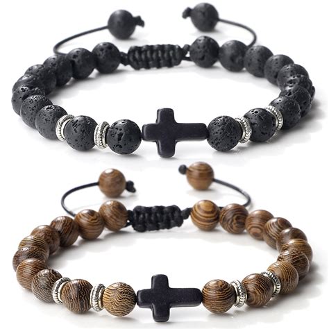 Hot Prayer Cross Men Bracelet Handmade 8mm Natural Tiger Eye Lava Stone