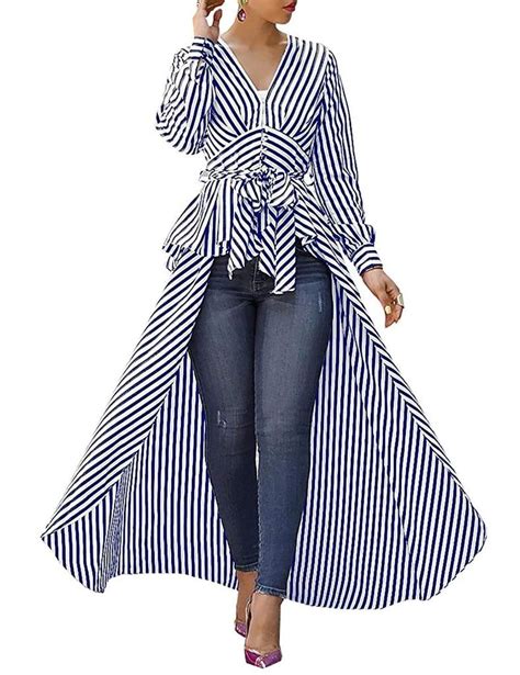 Ninimour Women V Neck Striped Tie Up Shirt High Low Dip Hem Long Sleeve