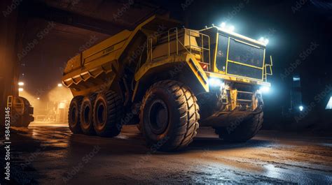 Giant Futuristic Modern Dump Truck Working In A Quarry At Night