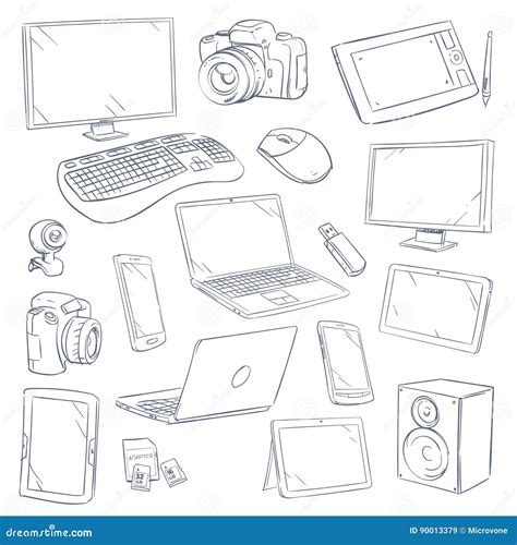 Hand Drawn, Sketch Computer Technology Gadgets Vector Set Stock Vector