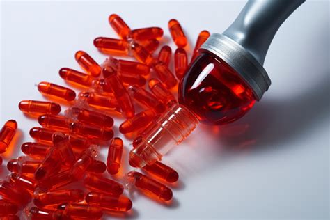 A Red Syringe With Pills On A White Background Red Object Medicine