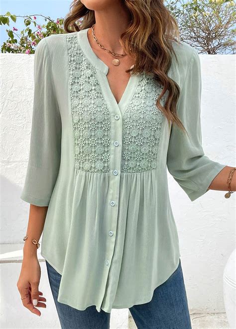 Light Green Button Half Sleeve Split Neck Blouse Usd 38 98