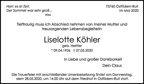 Traueranzeigen Von Liselotte K Hler Stuttgart Gedenkt De