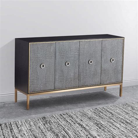 Modern Gray Sideboard Buffet Leather Grained 4 Door Sideboard In Gold