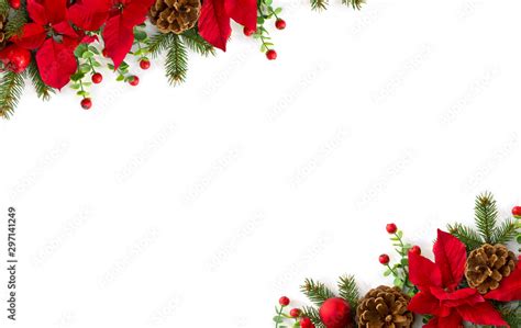 Christmas Decoration Frame Of Flowers Of Red Poinsettia Branch