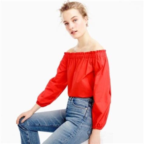 J Crew Red Poplin Top Blouse Off Shoulder Holiday Depop