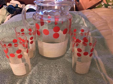 Vintage 1950s Red Polka Dot Ice Teawater Pitcher With Four Matching