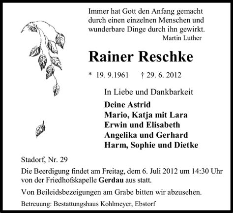 Traueranzeigen Von Rainer Reschke Az Trauer De