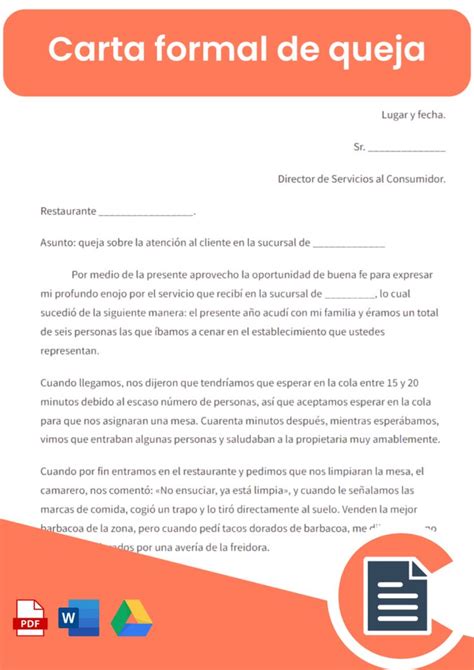 An Orange And White Document With The Words Carta Formal De Queja On It