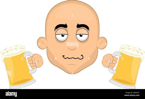 Vector Illustration Of The Face Of A Drunk Cartoon Bald Man With Beers