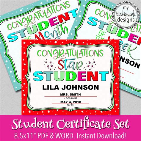 Star Student Certificate Student of the Month Student of the - Etsy