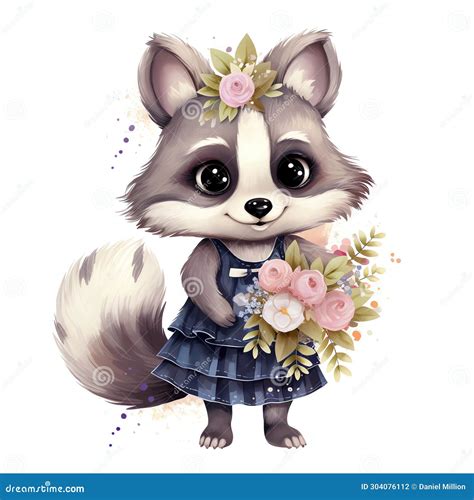 Beautiful Cute Raccoon In Floral Dress Nursery Watercolor With Clothes