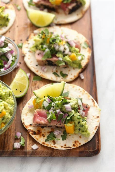 Seared Ahi Tuna Tacos With Mango Guacamole Fit Foodie Finds